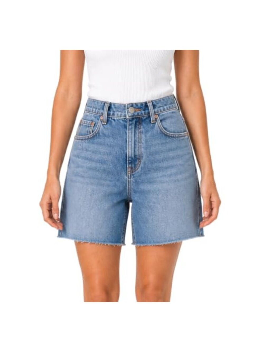 High Rise Stretch Denim Cutoff Jean Shorts Raw Hem 6 in Inseam